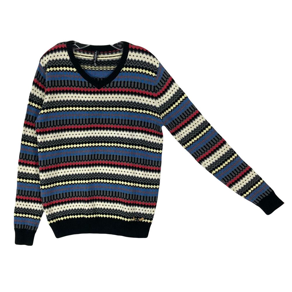 QUEST Sweater Men S Multicolor Aztec Print V-Neck Long-Sleeve Cotton